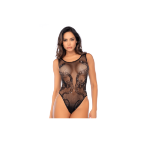 Body noir en résille motif serpent, orné de strass, ouvert à l’entrejambe - Mapalé